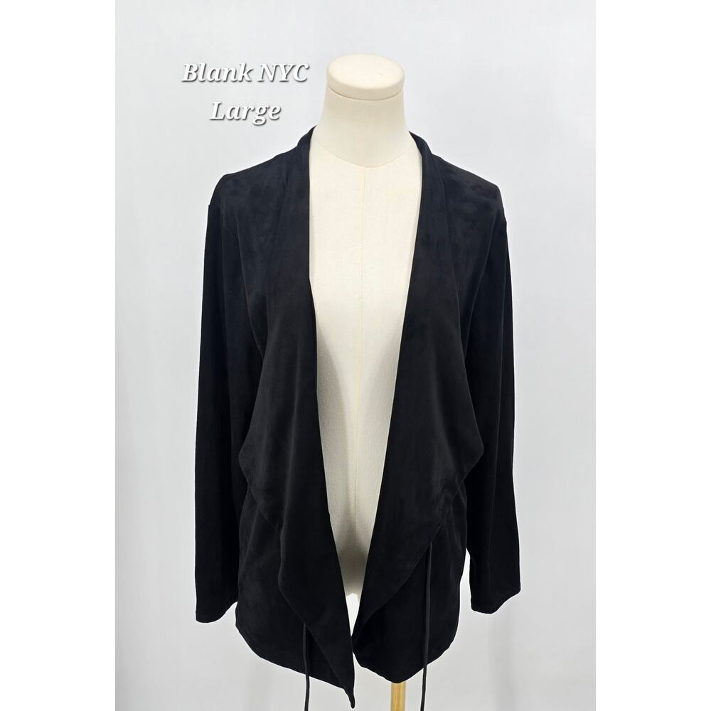 Blank NYC Domino Faux Suede Draped Jacket Black Open Front Waterfall Women Large